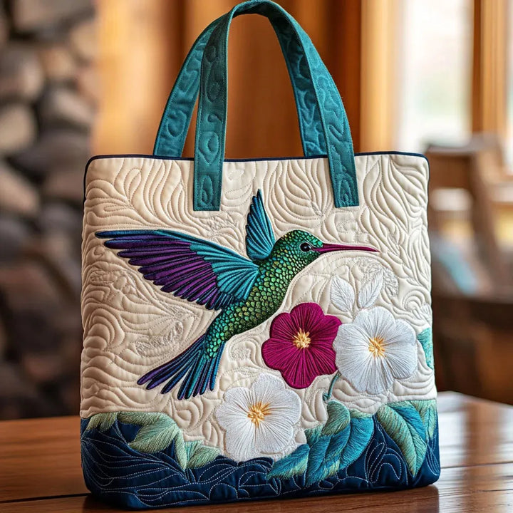Hummingbird & White Flower Quilted Tote