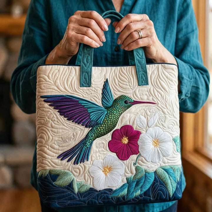 Hummingbird & White Flower Quilted Tote